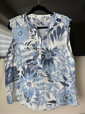 Sorella Blue Floral Sleeveless Henley Top
